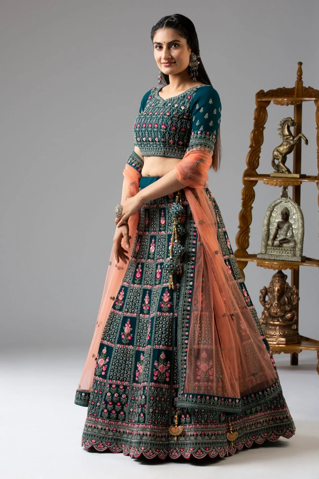 Ambrosial Teal Satin Lehenga (Outside Ontario) - MyEthnikRentals