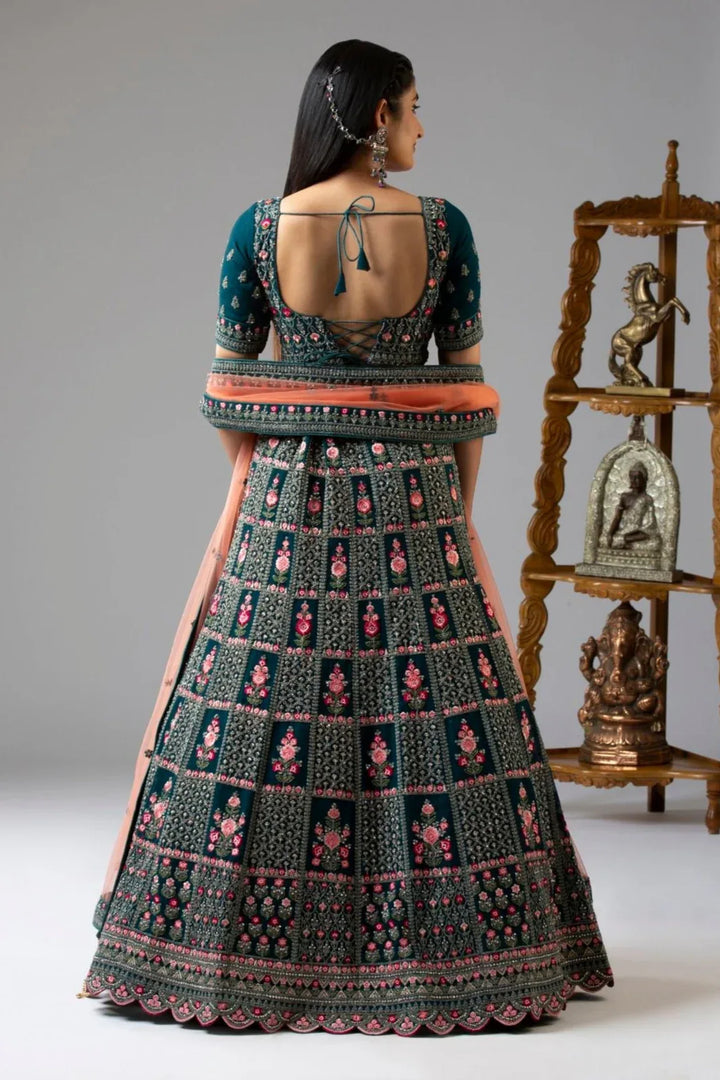 Ambrosial Teal Satin Lehenga (Outside Ontario) - MyEthnikRentals