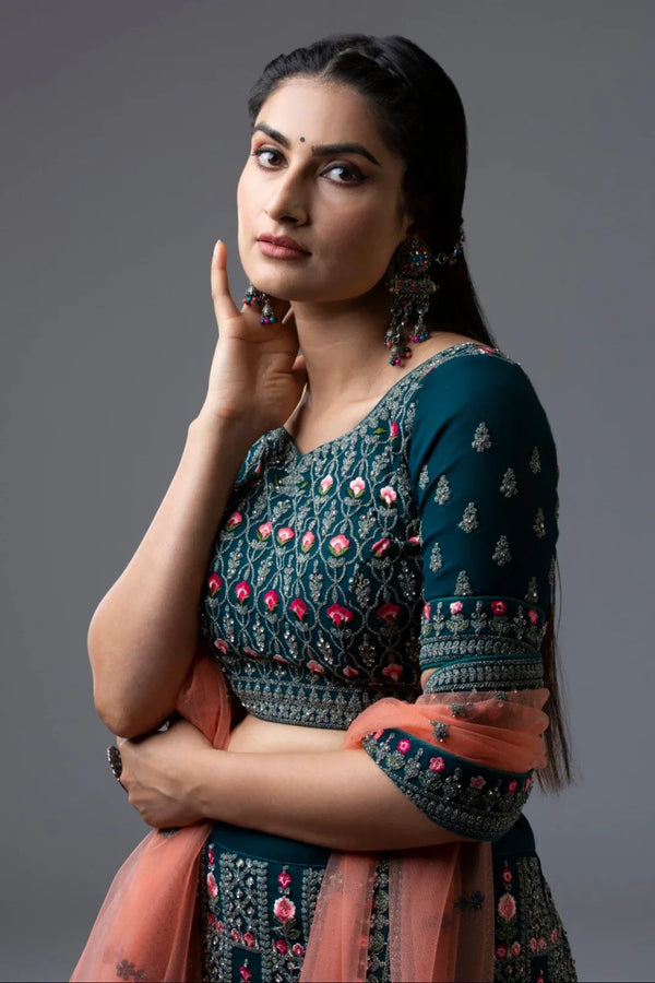 Ambrosial Teal Satin Lehenga (Outside Ontario) - MyEthnikRentals
