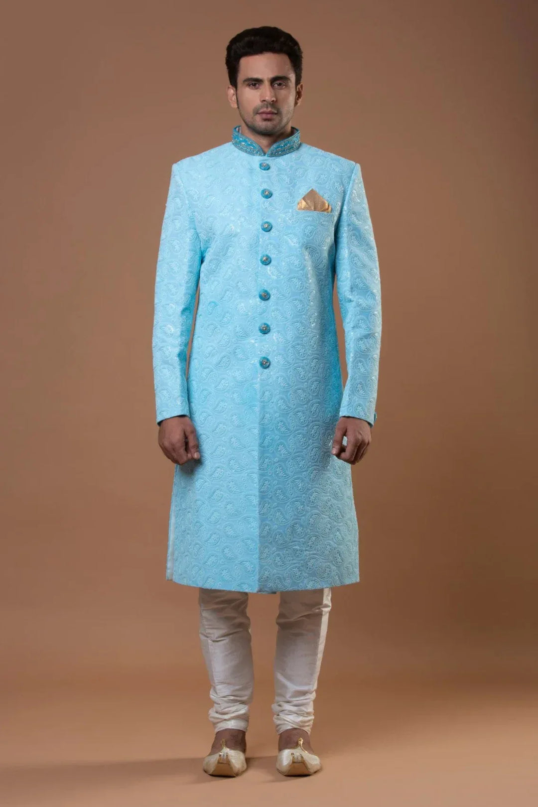 PRISTINE BLUE EMBROIDERED SHERWANI - MyEthnikRentals