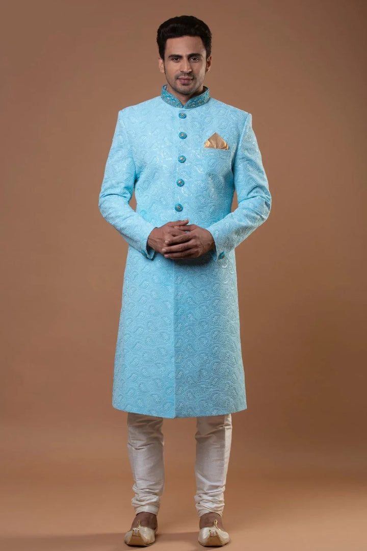 PRISTINE BLUE EMBROIDERED SHERWANI - MyEthnikRentals