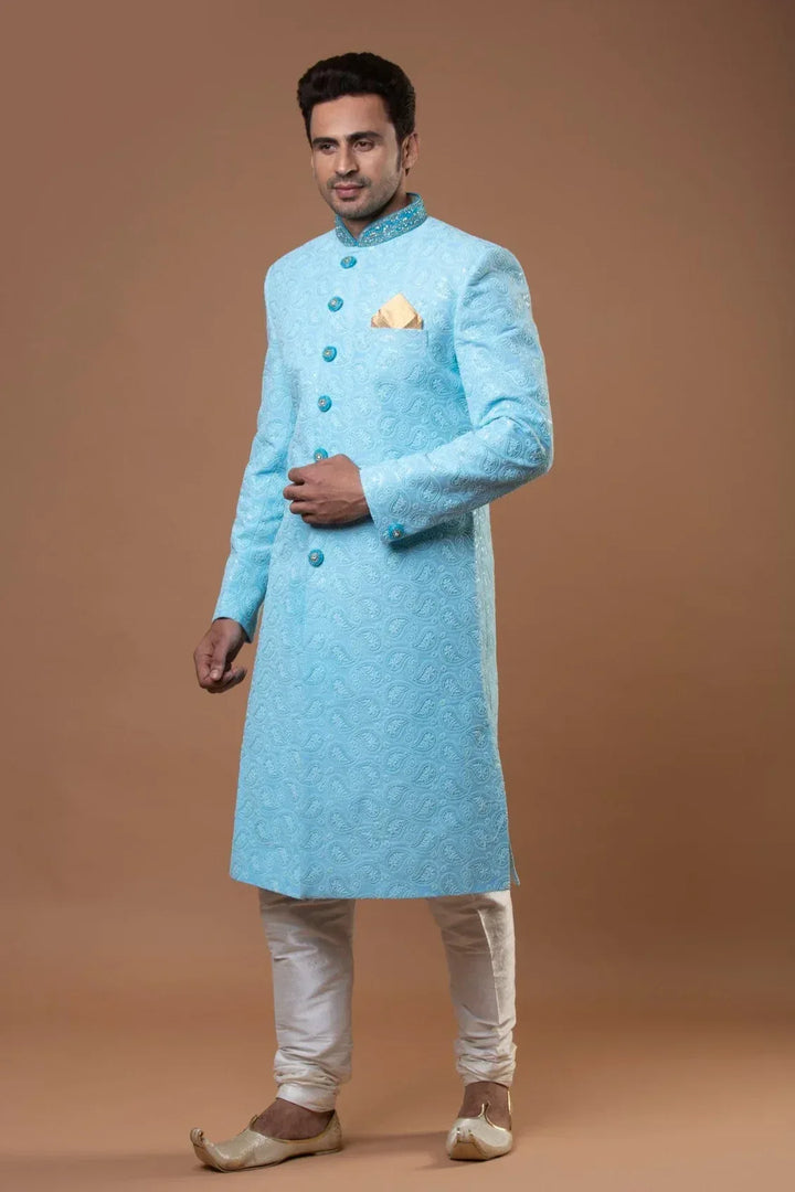 PRISTINE BLUE EMBROIDERED SHERWANI - MyEthnikRentals