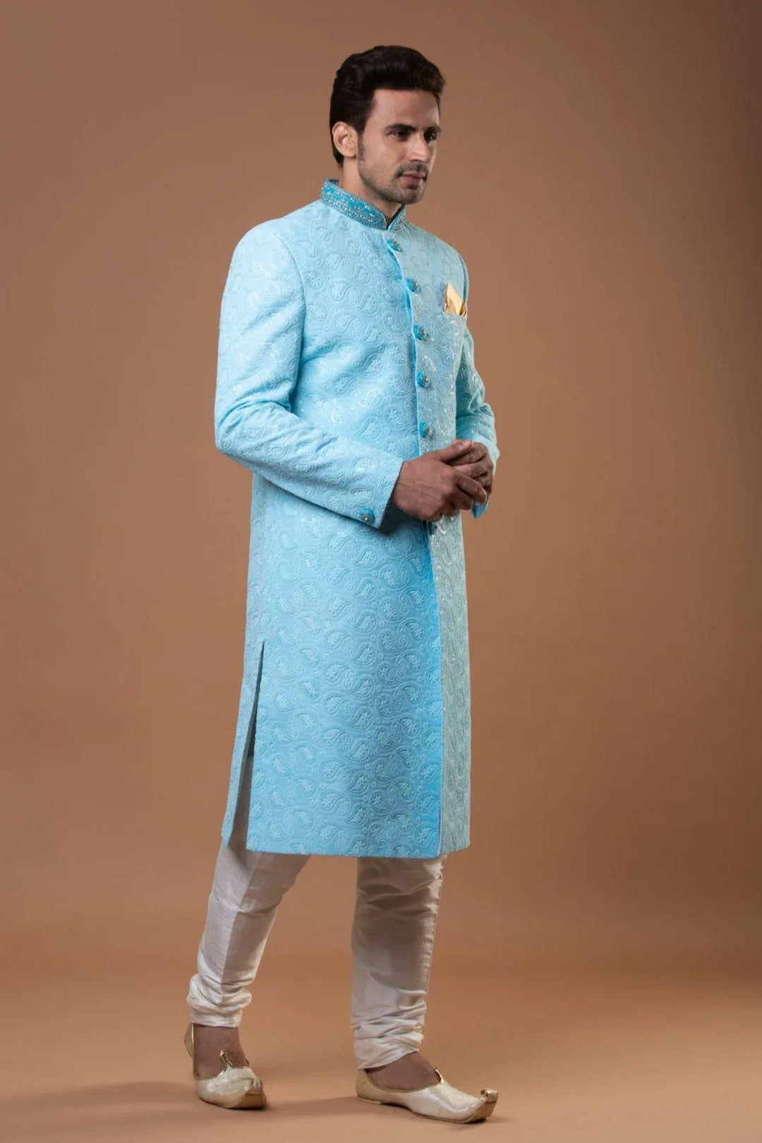 PRISTINE BLUE EMBROIDERED SHERWANI - MyEthnikRentals