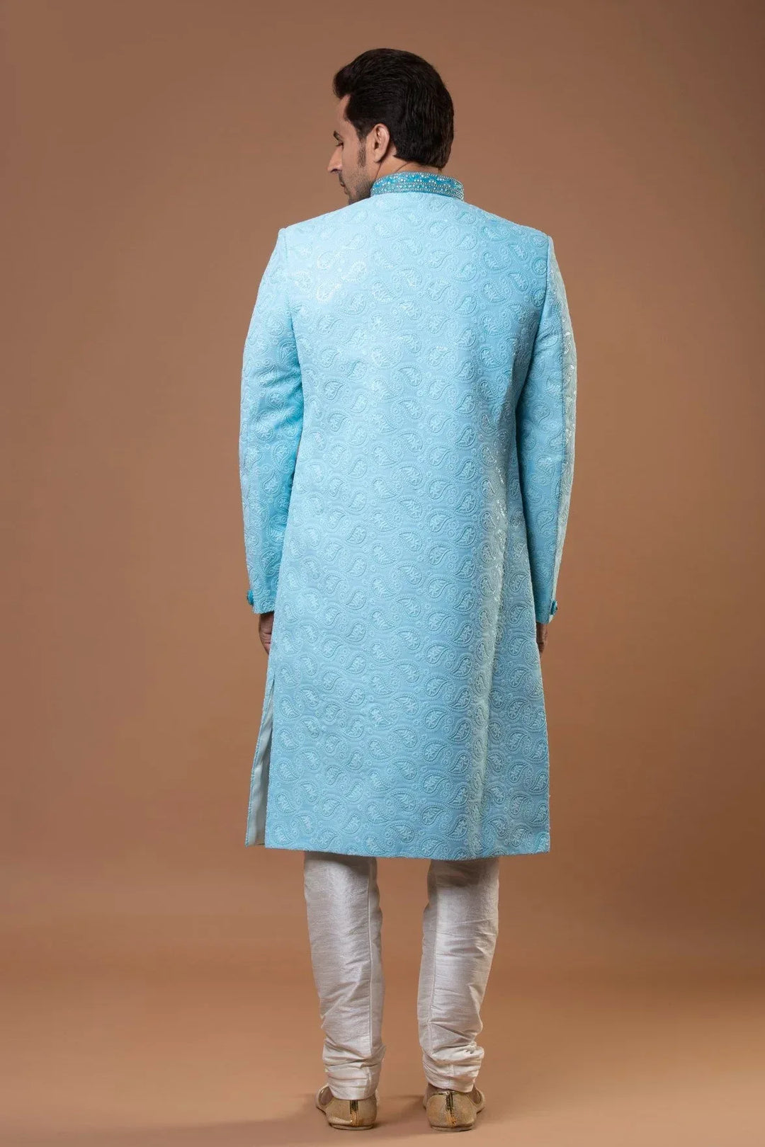 PRISTINE BLUE EMBROIDERED SHERWANI - MyEthnikRentals