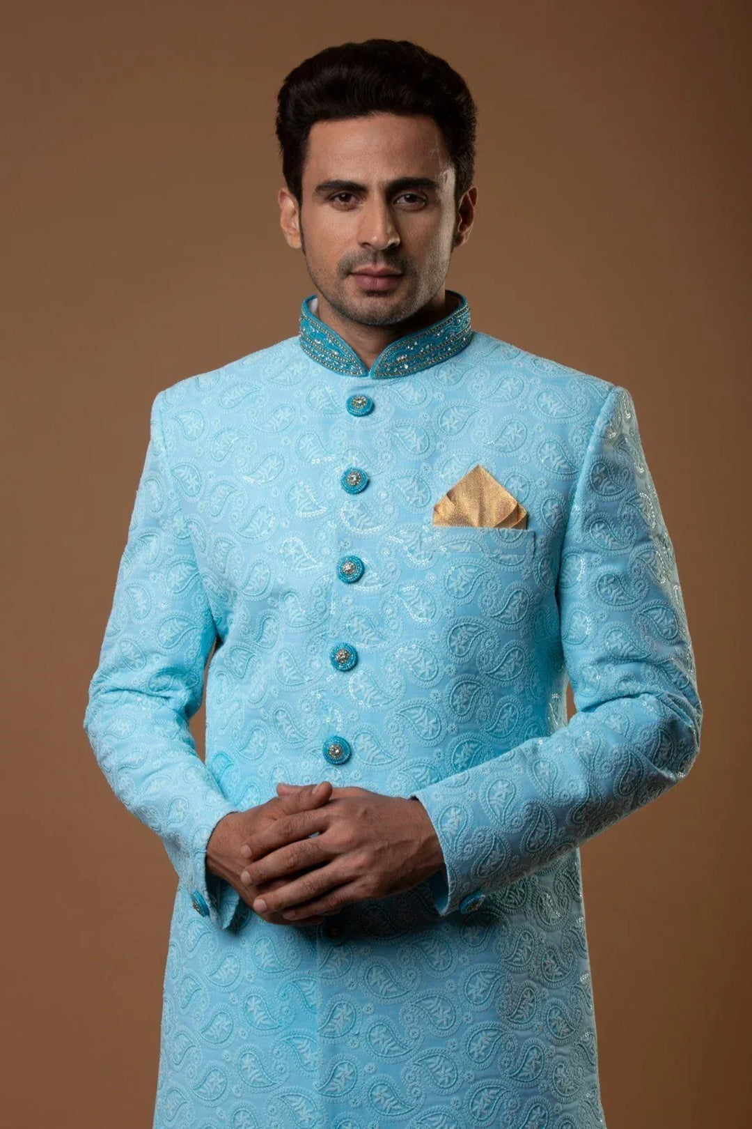 PRISTINE BLUE EMBROIDERED SHERWANI - MyEthnikRentals
