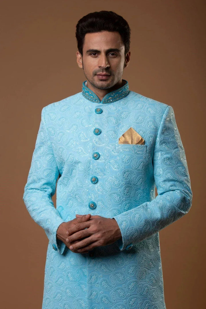 PRISTINE BLUE EMBROIDERED SHERWANI - MyEthnikRentals