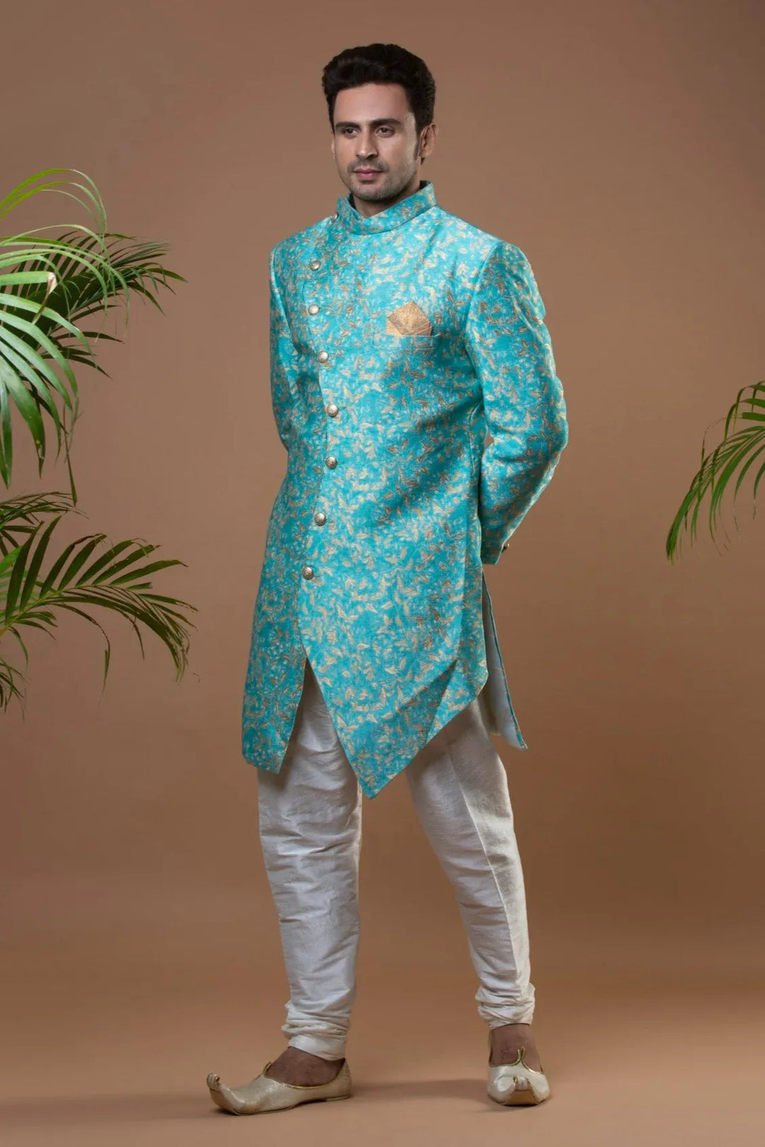 Deep Sky Blue Brocade Indo-Western Set - MyEthnikRentals