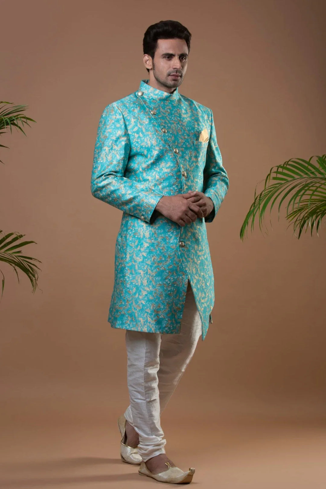 Deep Sky Blue Brocade Indo-Western Set - MyEthnikRentals