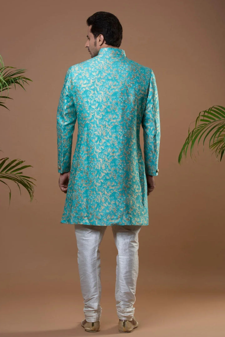 Deep Sky Blue Brocade Indo-Western Set - MyEthnikRentals