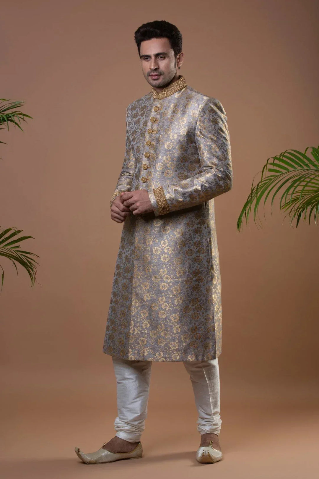 Ivory and Golden Sherwani (Outside Ontario) - MyEthnikRentals