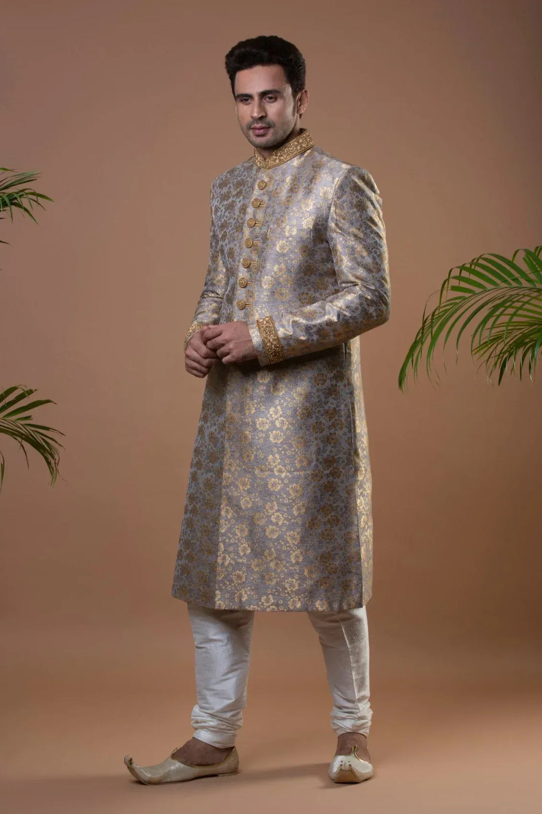 Ivory and Golden Sherwani (Outside Ontario) - MyEthnikRentals