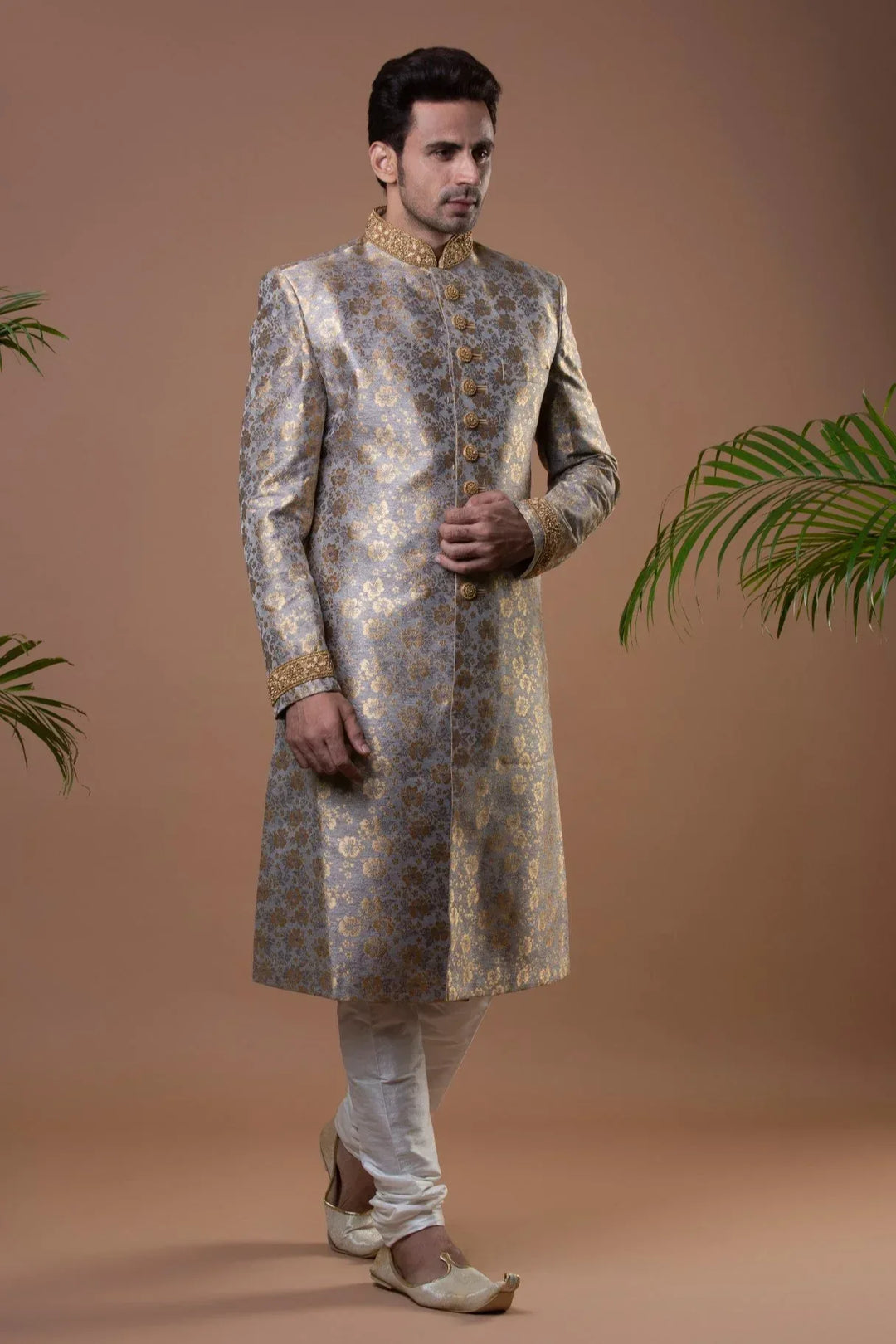Ivory and Golden Sherwani (Outside Ontario) - MyEthnikRentals