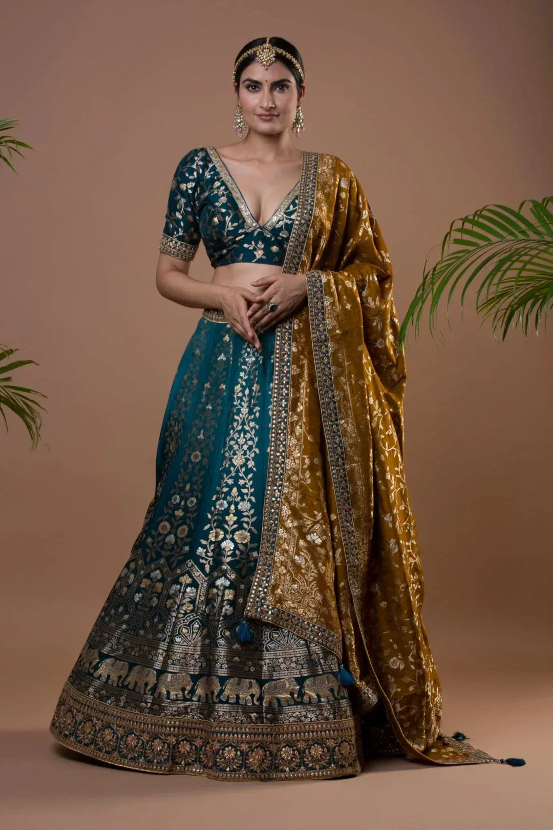 Exquisite Teal Banarasi Lehenga - MyEthnikRentals
