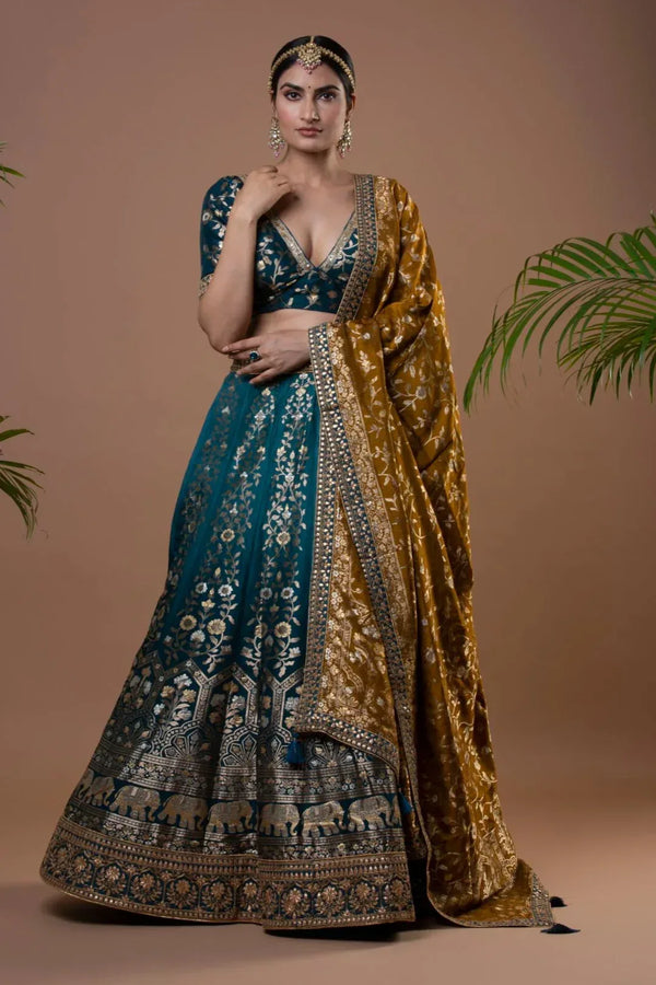 Exquisite Teal Banarasi Lehenga (Outside Ontario) - MyEthnikRentals