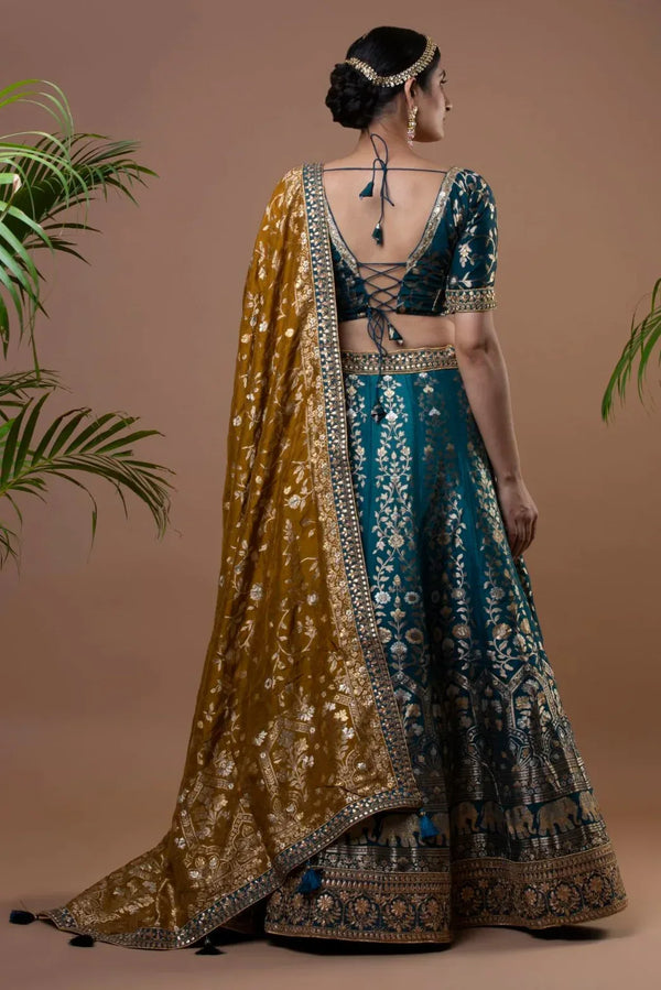 Exquisite Teal Banarasi Lehenga (Outside Ontario) - MyEthnikRentals