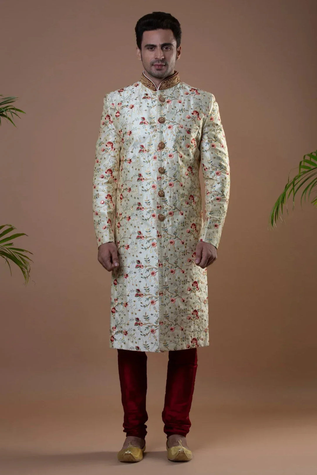 Floral Off-White & Maroon Sherwani (size 42) (Outside Ontario) - MyEthnikRentals