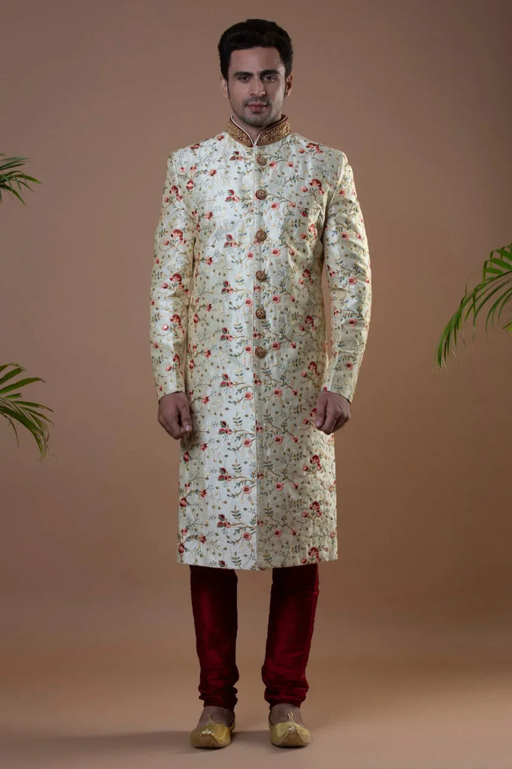 Floral Off-White & Maroon Sherwani (size 42) (Outside Ontario) - MyEthnikRentals