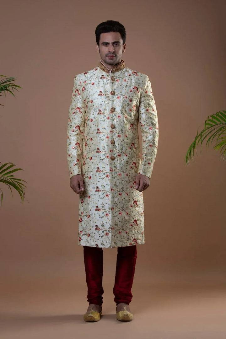 Floral Off-White & Maroon Sherwani (size 40) (Outside Ontario) - MyEthnikRentals