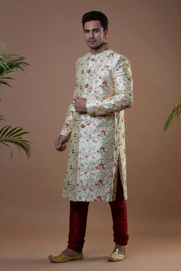 Floral Off-White & Maroon Sherwani (size 42) (Outside Ontario) - MyEthnikRentals