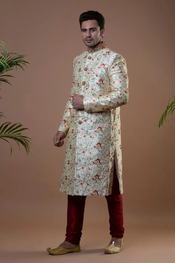Floral Off-White & Maroon Sherwani (size 42) - MyEthnikRentals