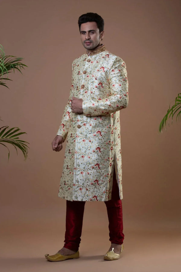 Floral Off-White & Maroon Sherwani (size 40) - MyEthnikRentals