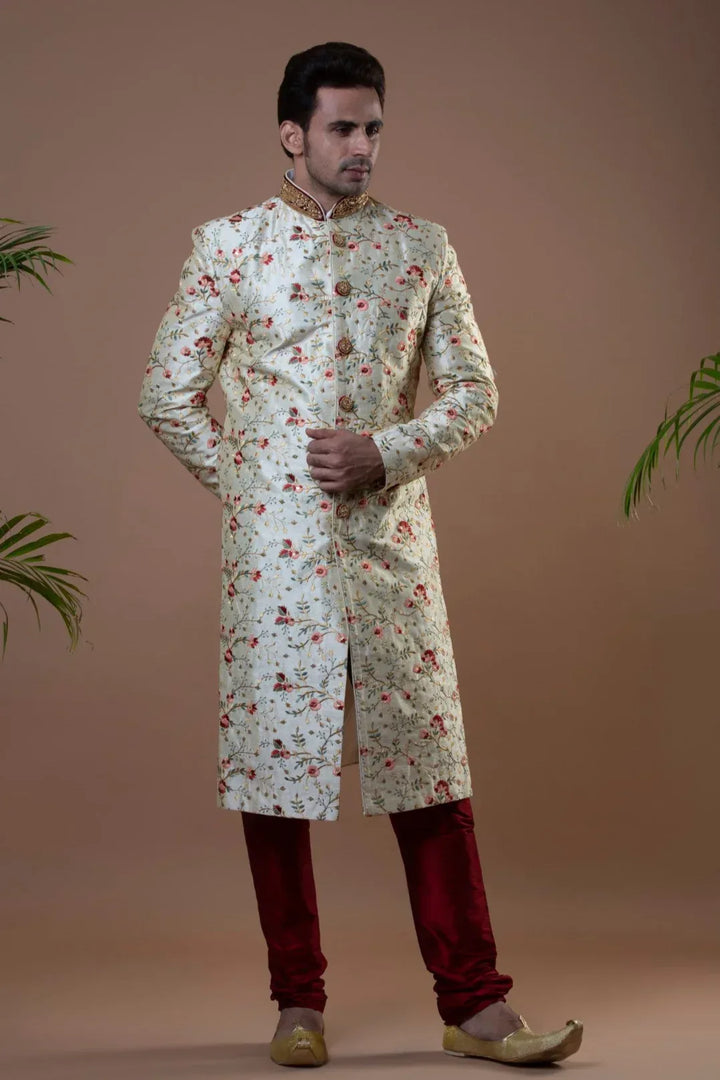 Floral Off-White & Maroon Sherwani (size 42) (Outside Ontario) - MyEthnikRentals