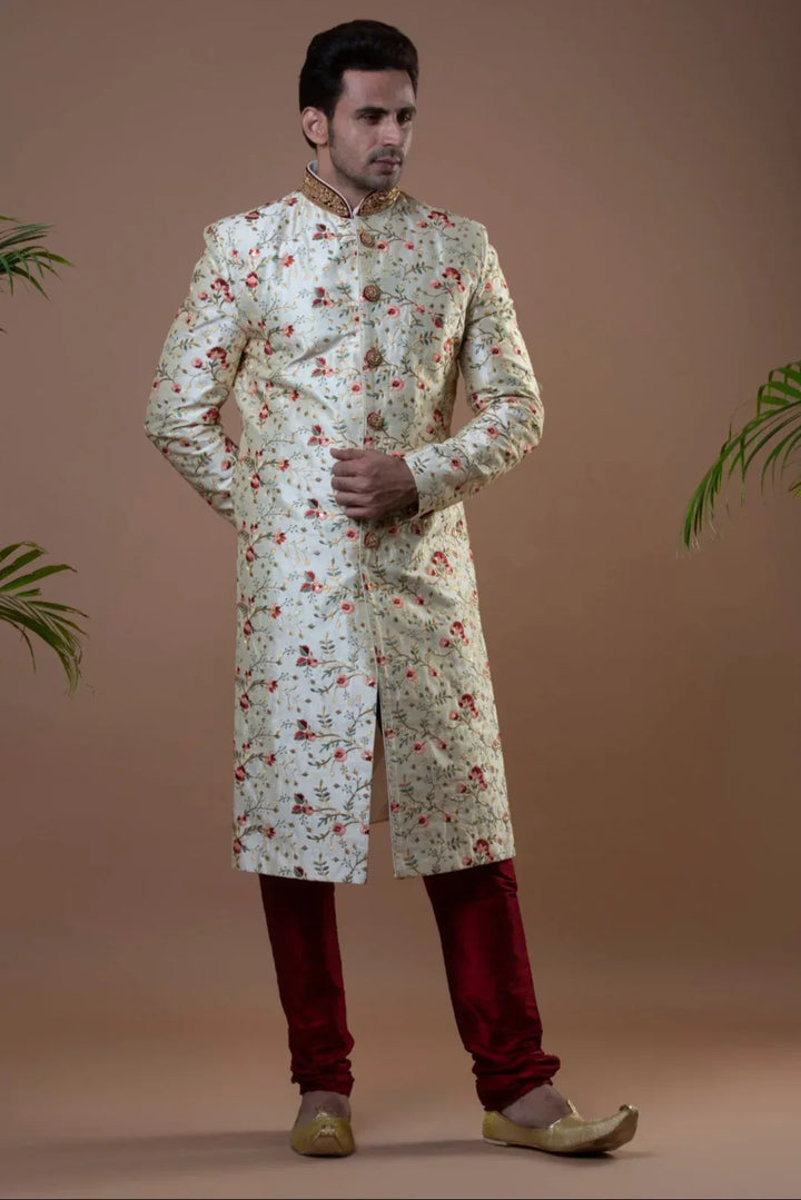 Floral Off-White & Maroon Sherwani (size 40) (Outside Ontario) - MyEthnikRentals