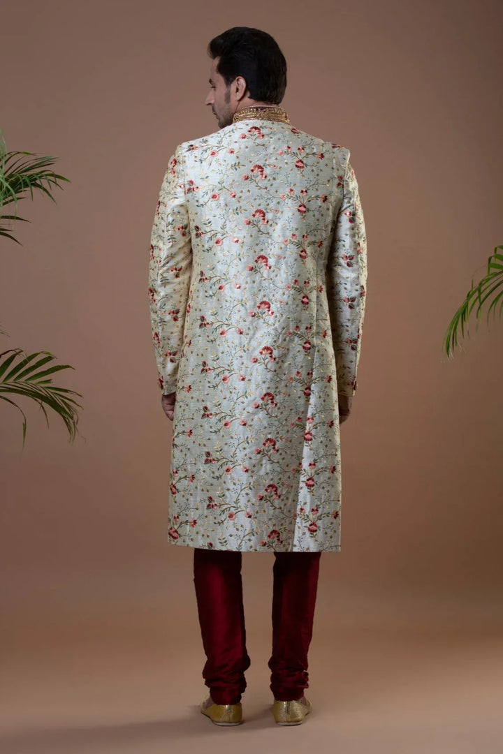 Floral Off-White & Maroon Sherwani (size 40) (Outside Ontario) - MyEthnikRentals