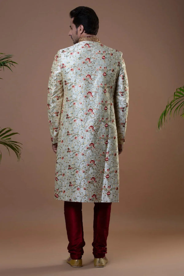Floral Off-White & Maroon Sherwani (size 42) - MyEthnikRentals