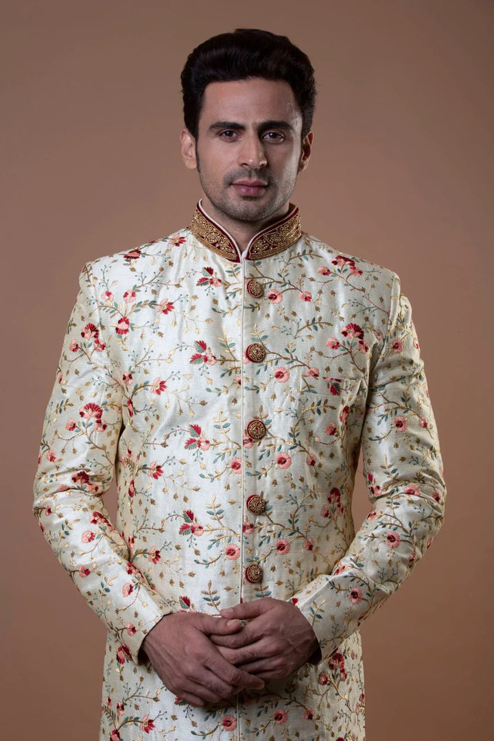 Floral Off-White & Maroon Sherwani (size 40) (Outside Ontario) - MyEthnikRentals