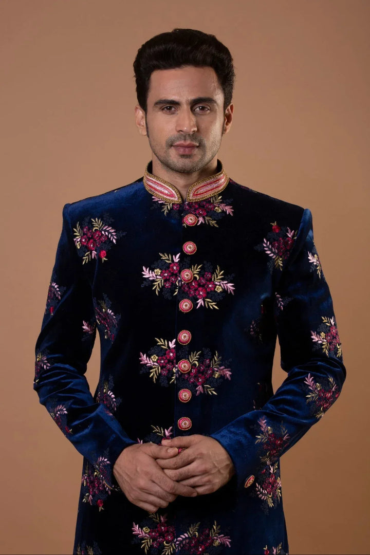 Royal Blue Nawabi Sherwani (Outside Ontario) - MyEthnikRentals