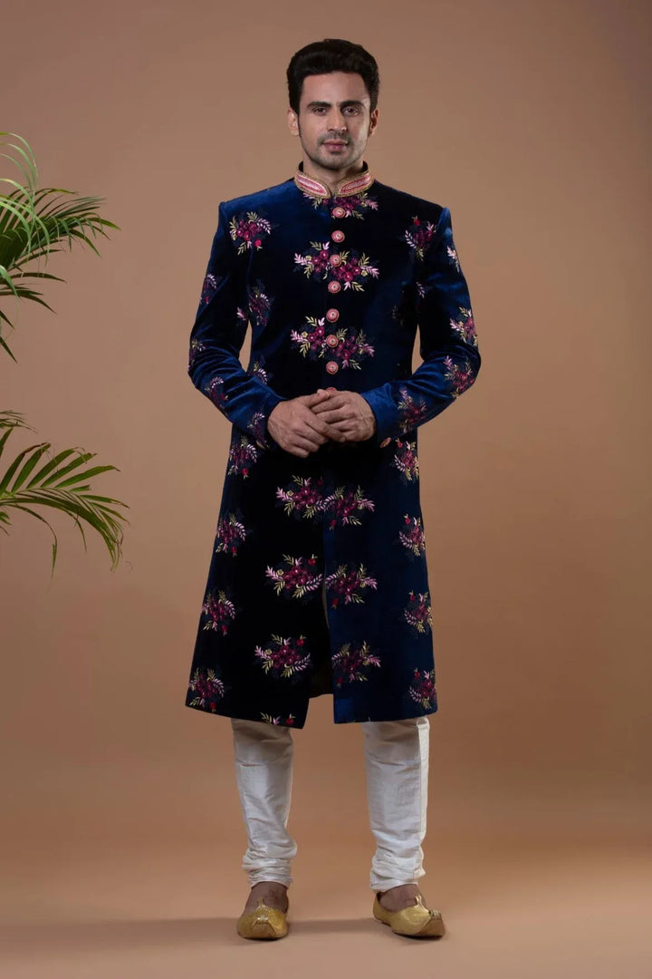 Royal Blue Nawabi Sherwani (Outside Ontario) - MyEthnikRentals