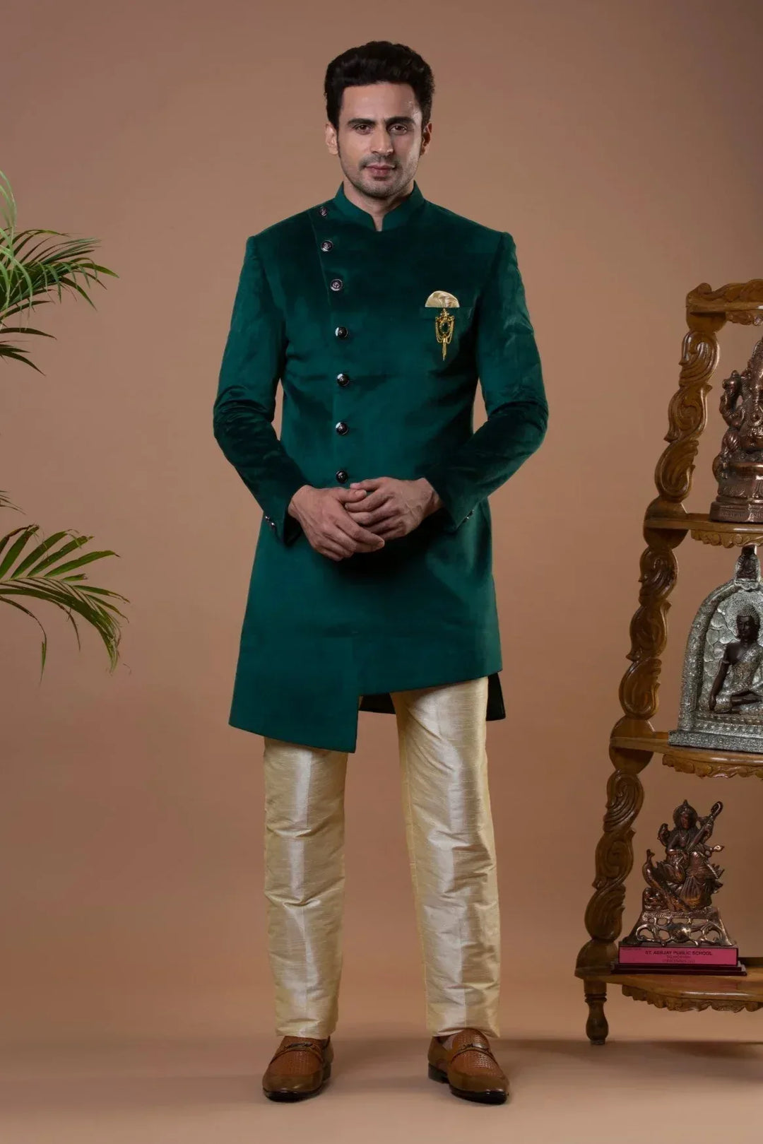 Royal Green Asymmetric Indo-Western Set (Outside Ontario) - MyEthnikRentals