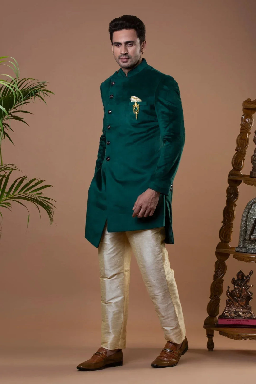 Royal Green Asymmetric Indo-Western Set (Outside Ontario) - MyEthnikRentals