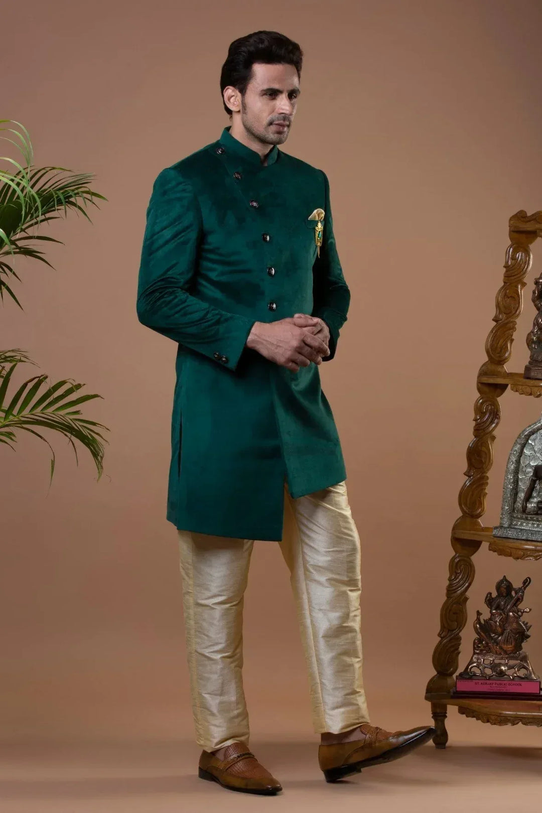 Royal Green Asymmetric Indo-Western Set (Outside Ontario) - MyEthnikRentals