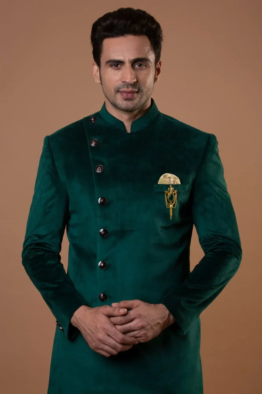 Royal Green Asymmetric Indo-Western Set (Outside Ontario) - MyEthnikRentals