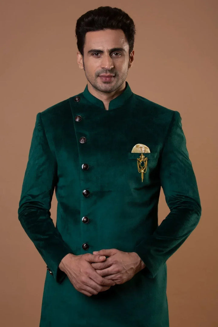 Royal Green Asymmetric Indo-Western Set (Outside Ontario) - MyEthnikRentals