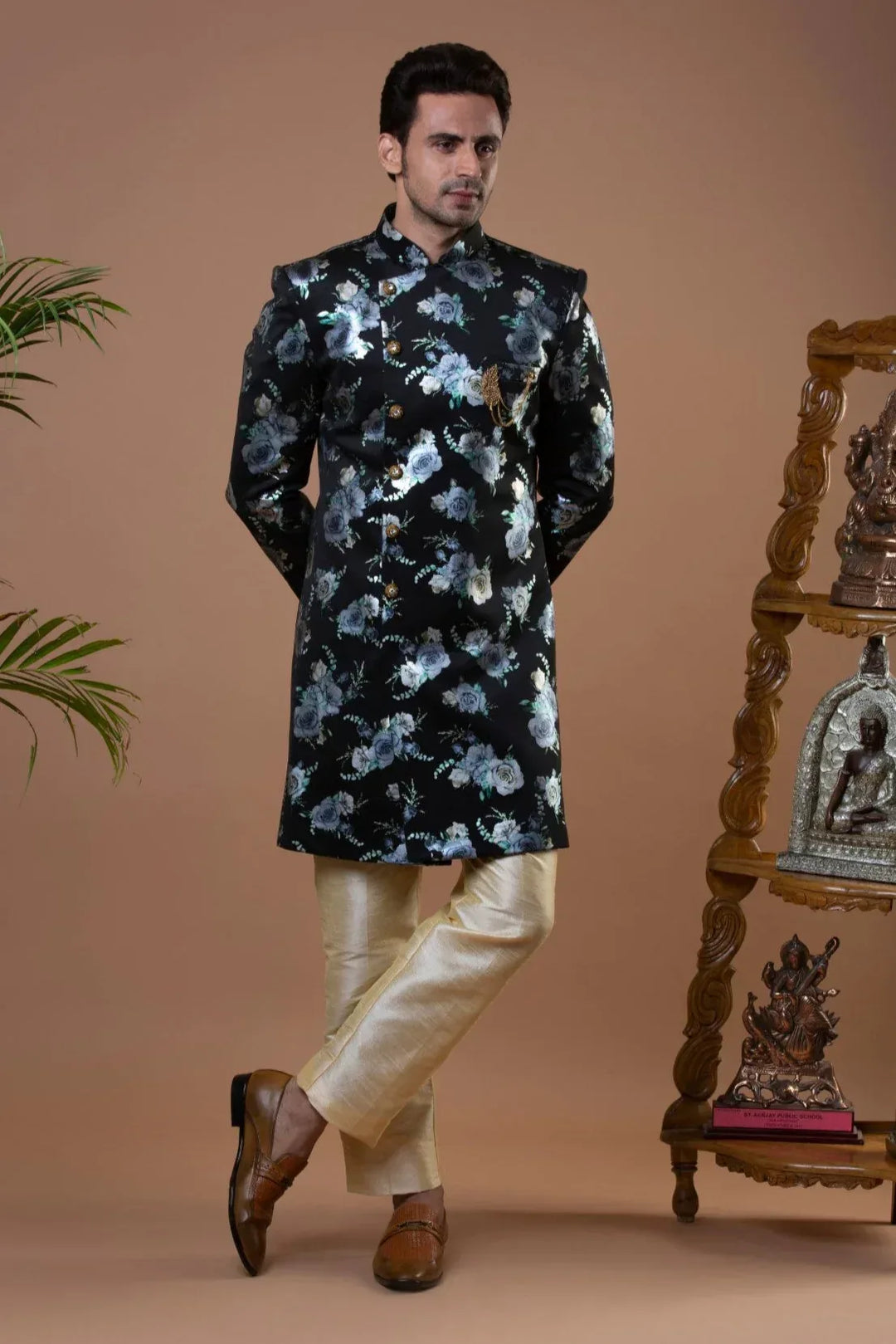 Black Jacquard Indo-Western Set (Size 46) - MyEthnikRentals