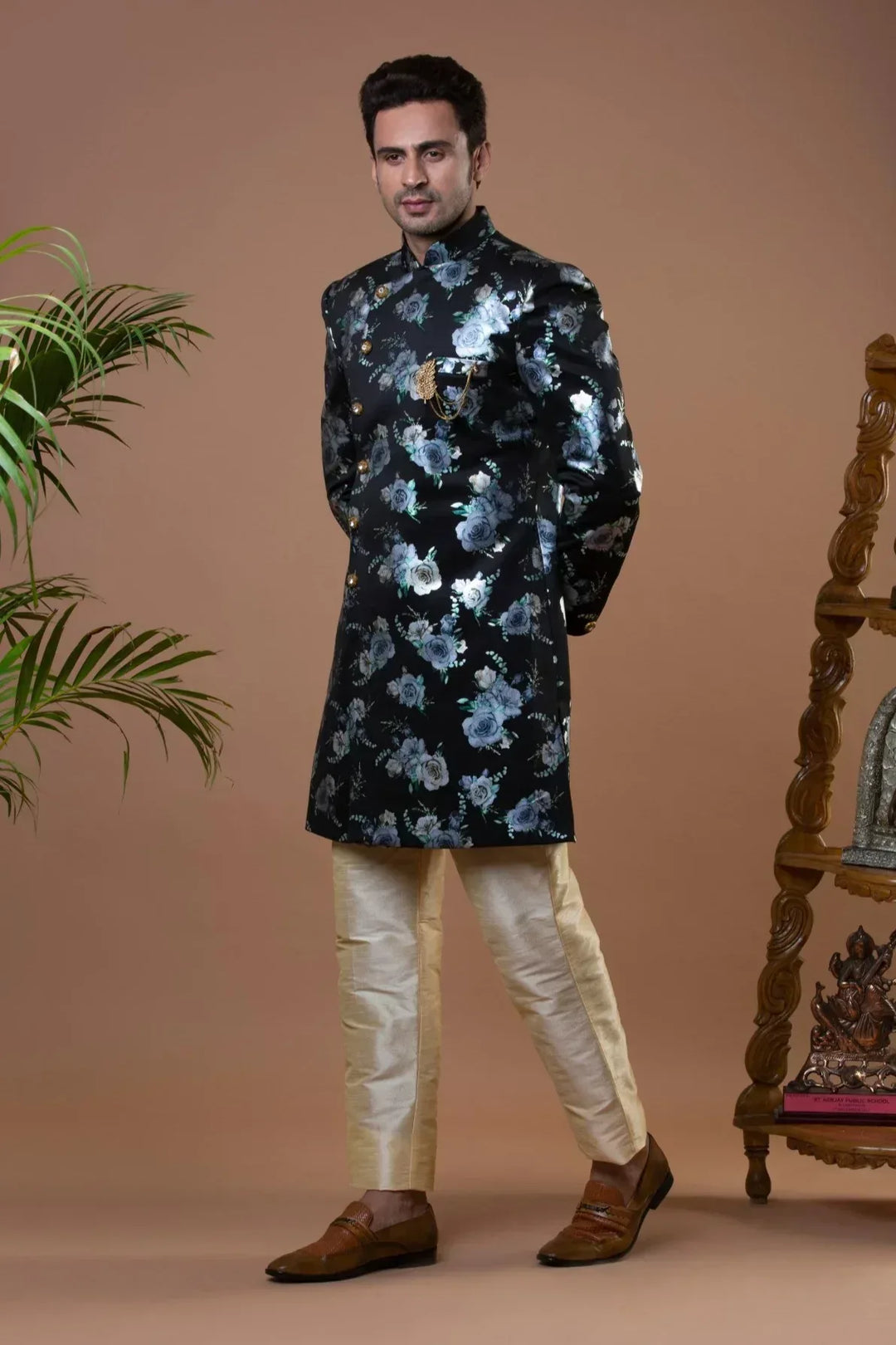 Black Jacquard Indo-Western Set (Outside Ontario) - MyEthnikRentals
