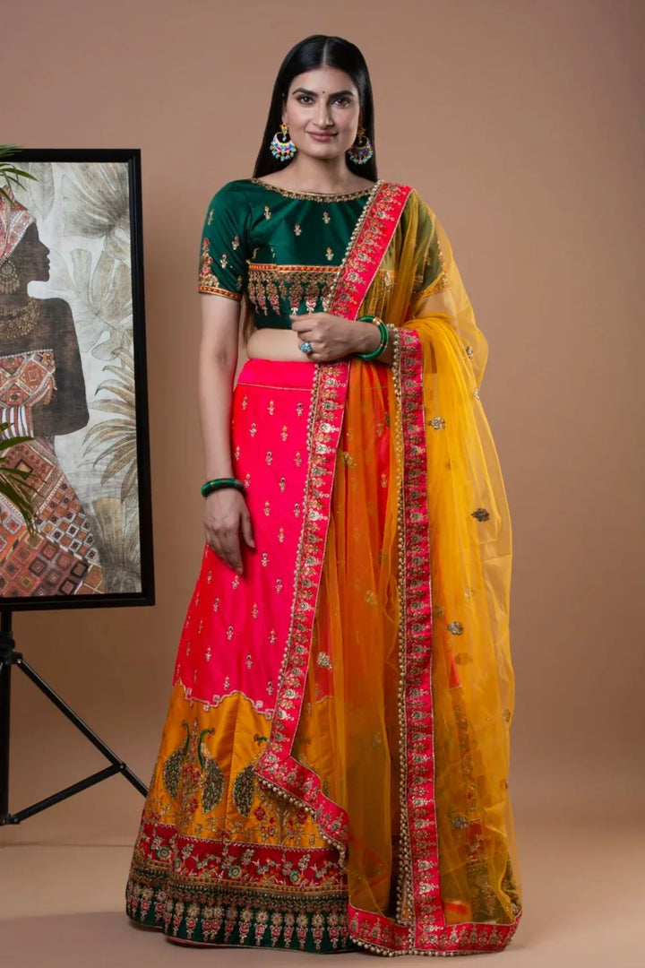 Prismatic Green Orange Lehenga - MyEthnikRentals