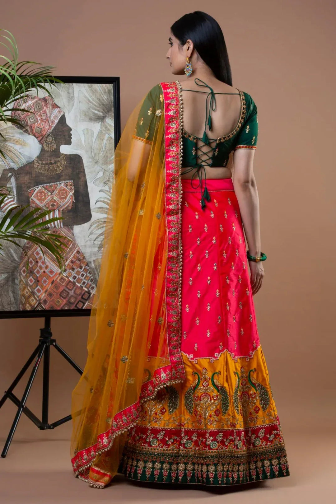 Prismatic Green Orange Lehenga - MyEthnikRentals