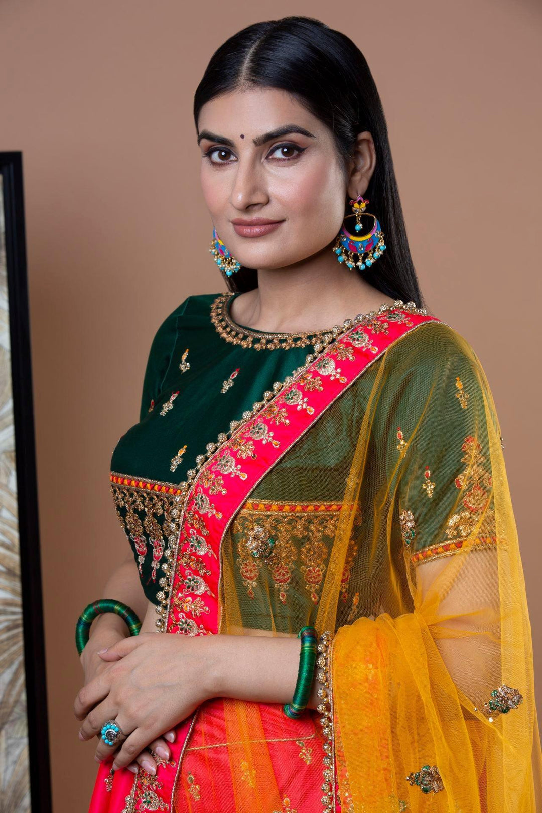 Prismatic Green Orange Lehenga - MyEthnikRentals