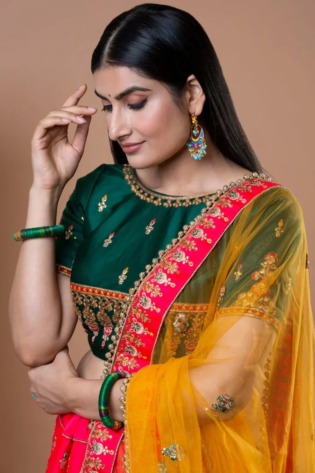 Prismatic Green Orange Lehenga - MyEthnikRentals