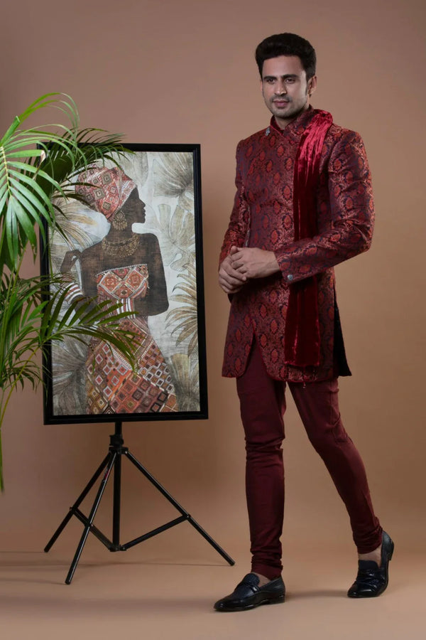 Red Brocade Indo-Western Set - MyEthnikRentals
