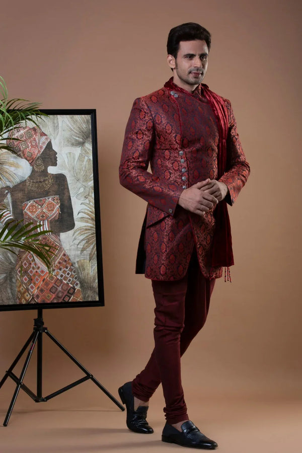 Red Brocade Indo-Western Set - MyEthnikRentals