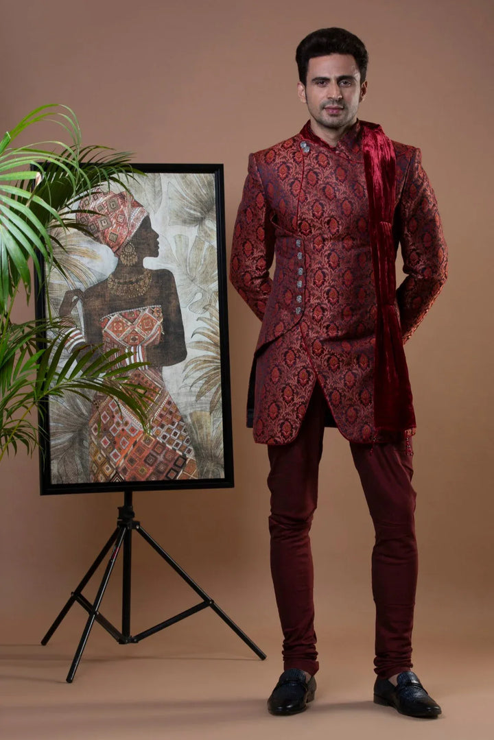 Red Brocade Indo-Western Set - MyEthnikRentals