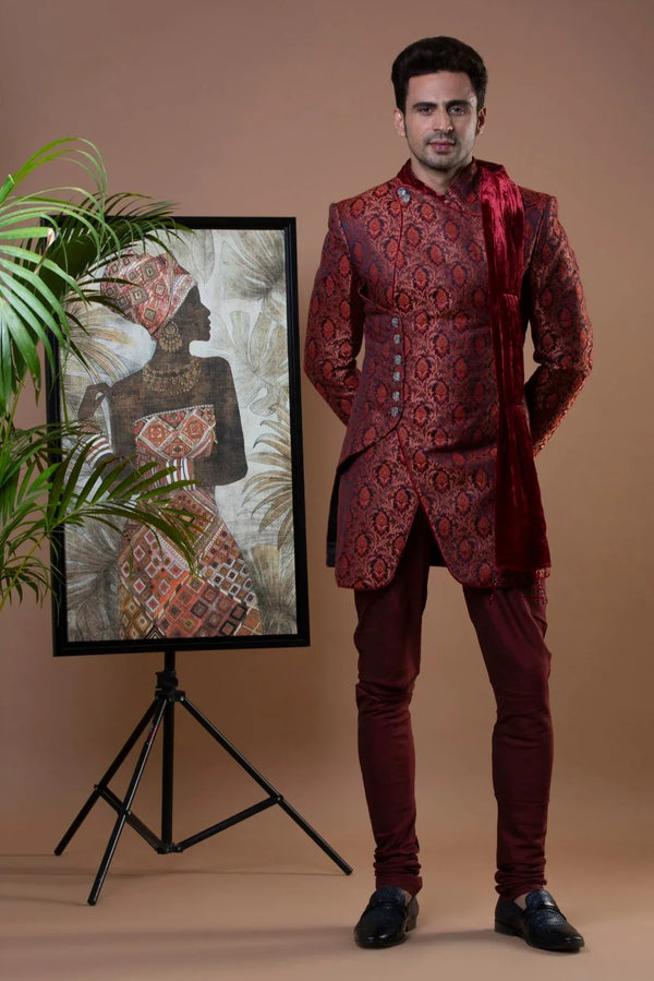 Red Brocade Indo-Western Set - MyEthnikRentals