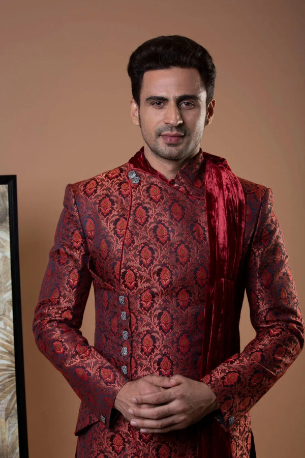 Red Brocade Indo-Western Set - MyEthnikRentals