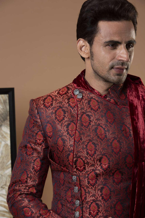 Red Brocade Indo-Western Set (Outside Ontario) - MyEthnikRentals