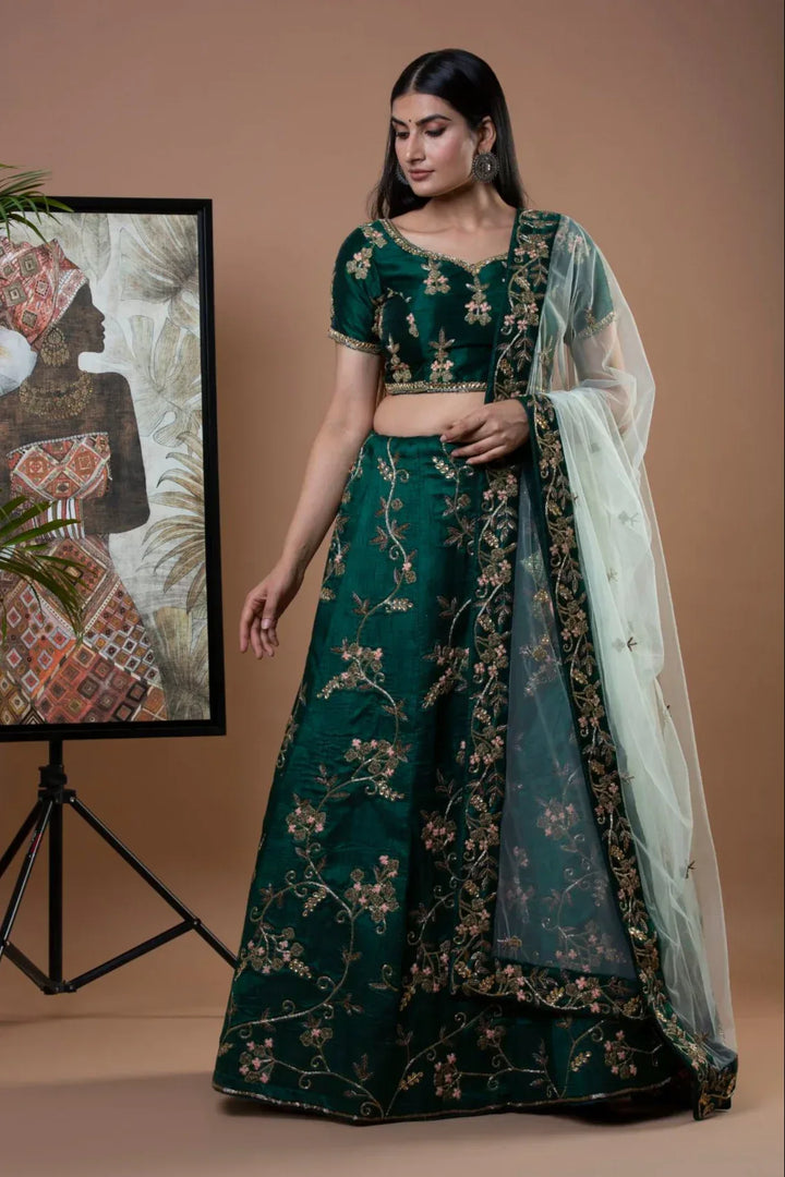 Deep Green Crepe Lehenga - MyEthnikRentals